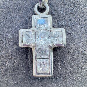VTG Solid Sterling Silver 925 Cubic Zirconia Cross Pendant Size 1" Length